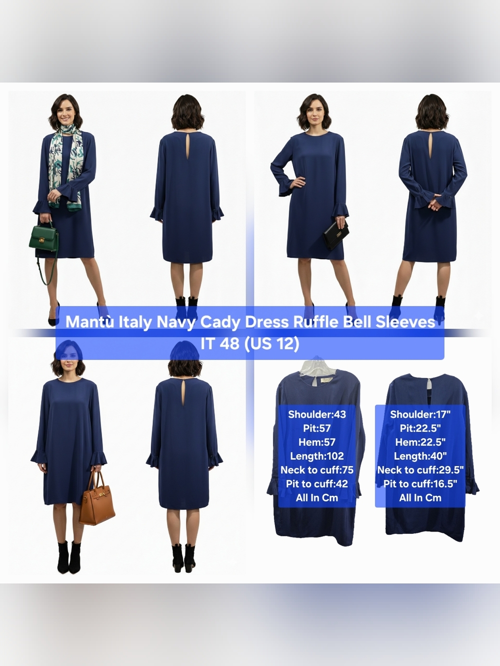 Mantù Italy Navy Cady Dress Ruffle Bell Sleeves Size IT48/US 12